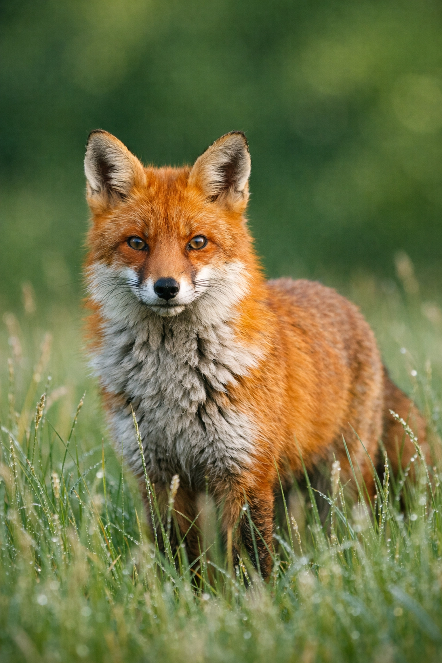 Professional wildlife stock photo of a red fox in a meadow for ethical brand marketing.