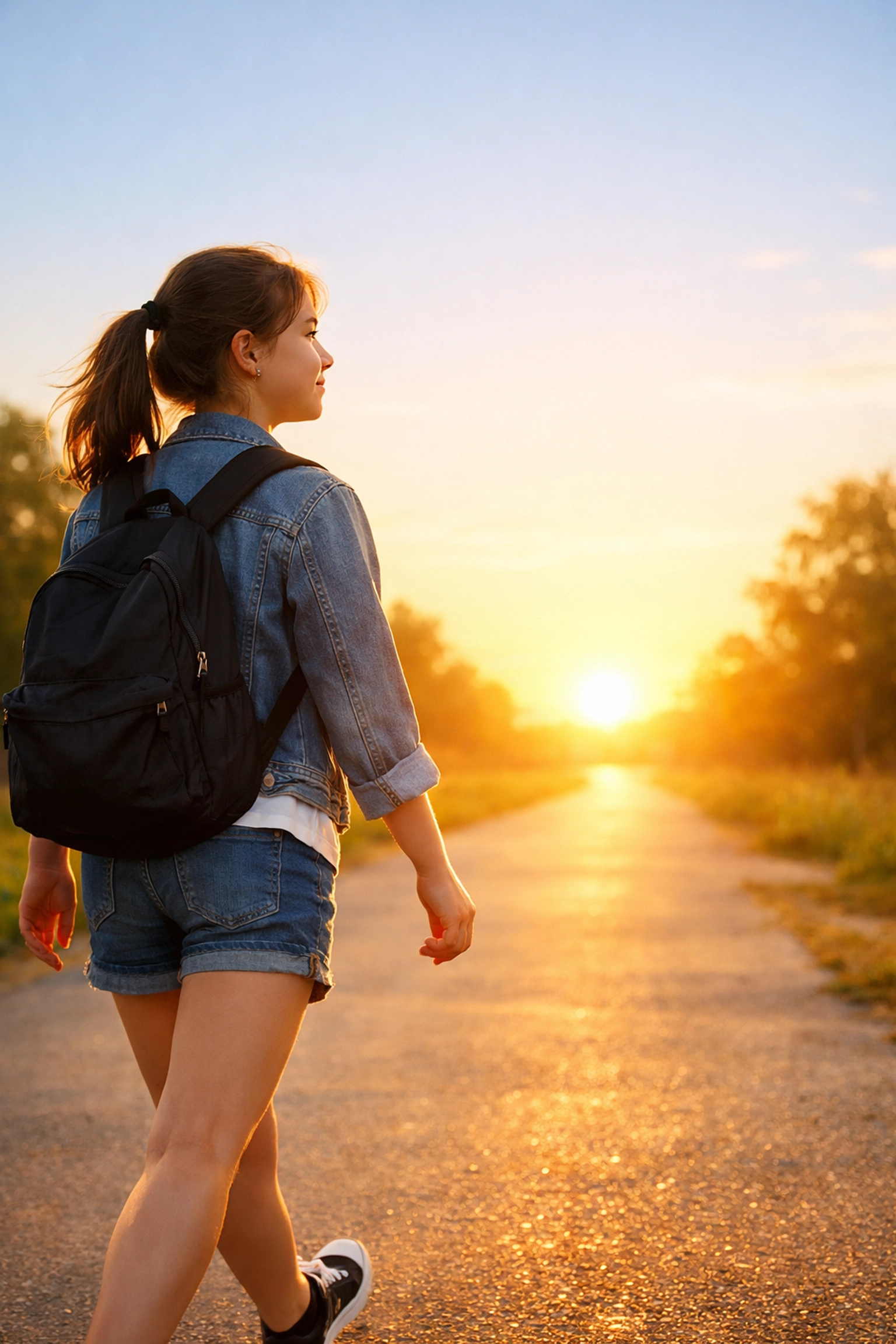 A teenage girl walking toward a bright future after recovery at a youth residential treatment center.