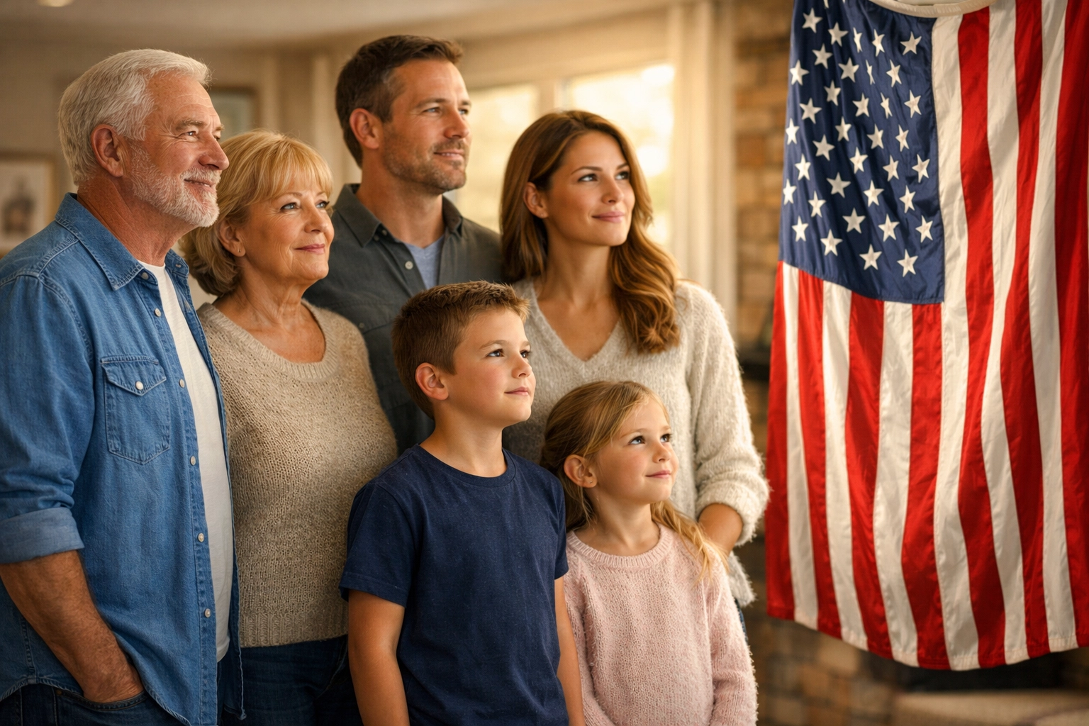 A multi-generational American family honoring civic traditions and the flag in their home.