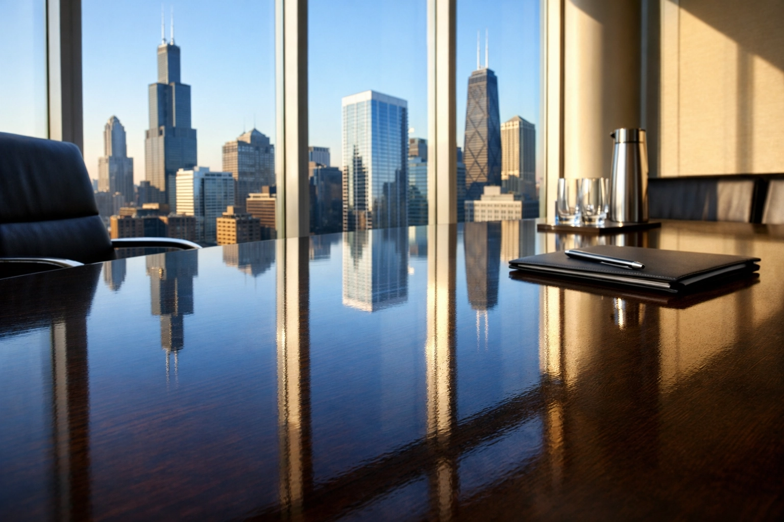 Pristine dark wood conference table reflecting Chicago skyscrapers in a sunlit professional office suite.