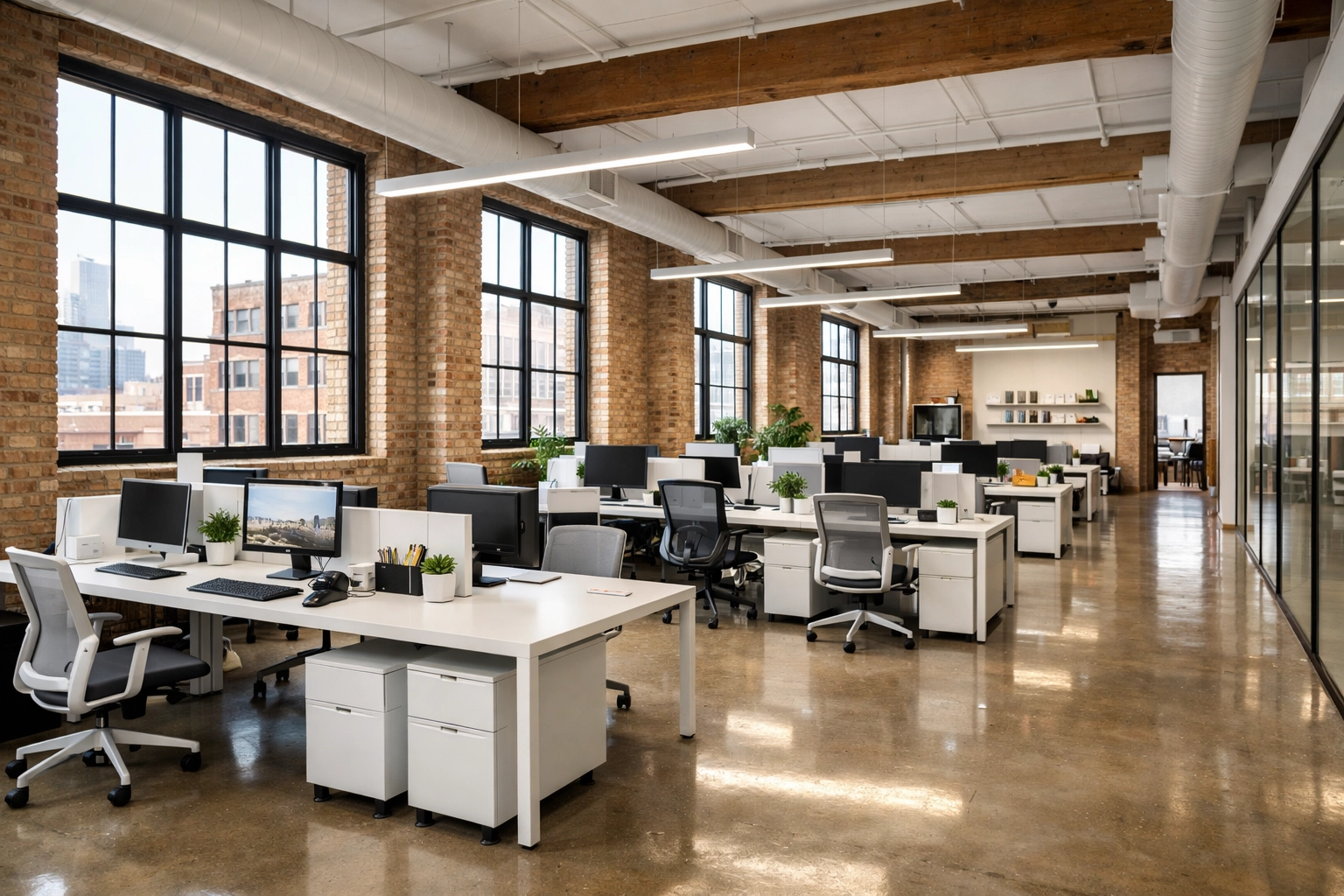 Modern Chicago loft office with clean workstations reflecting high-standard commercial cleaning efficiency.