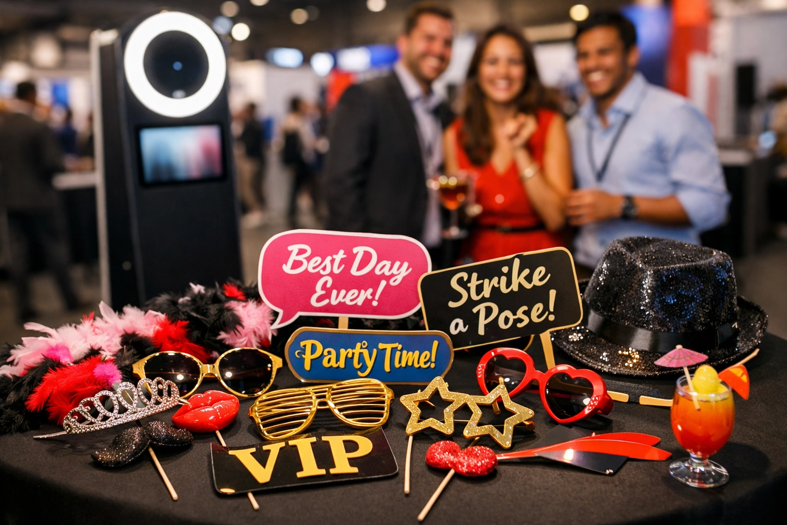 Premium photo booth props and guests interacting at a corporate expo
