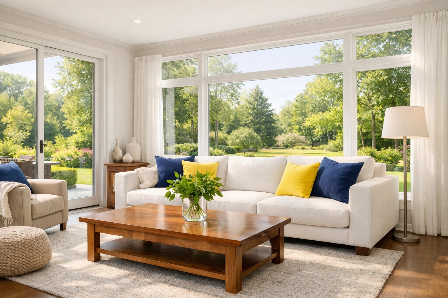 Clean and sun-drenched modern living room in a Leominster home representing healthy indoor air quality.