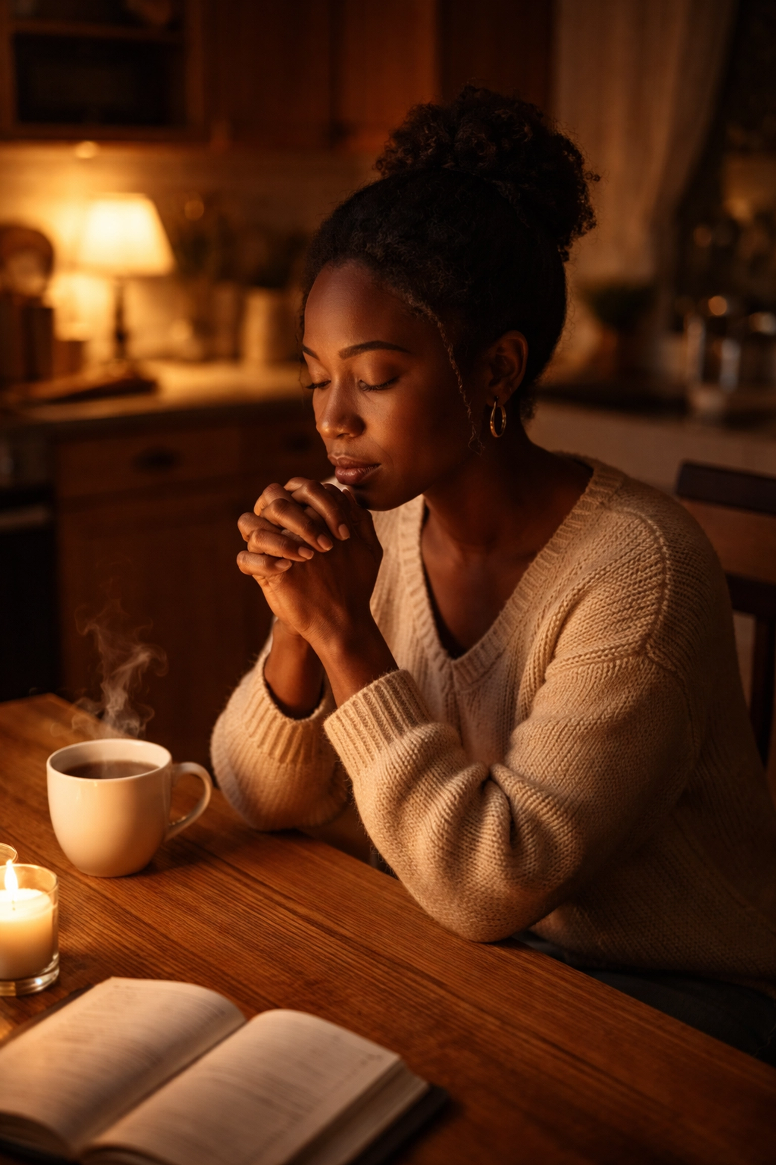 A woman prays alone at her kitchen table, seeking hope and resilience through faith during hard times.