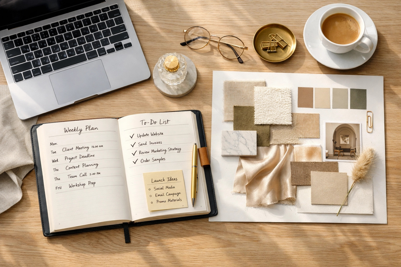 An organized desk with a planner and mood board representing brand strategy vs business strategy alignment.