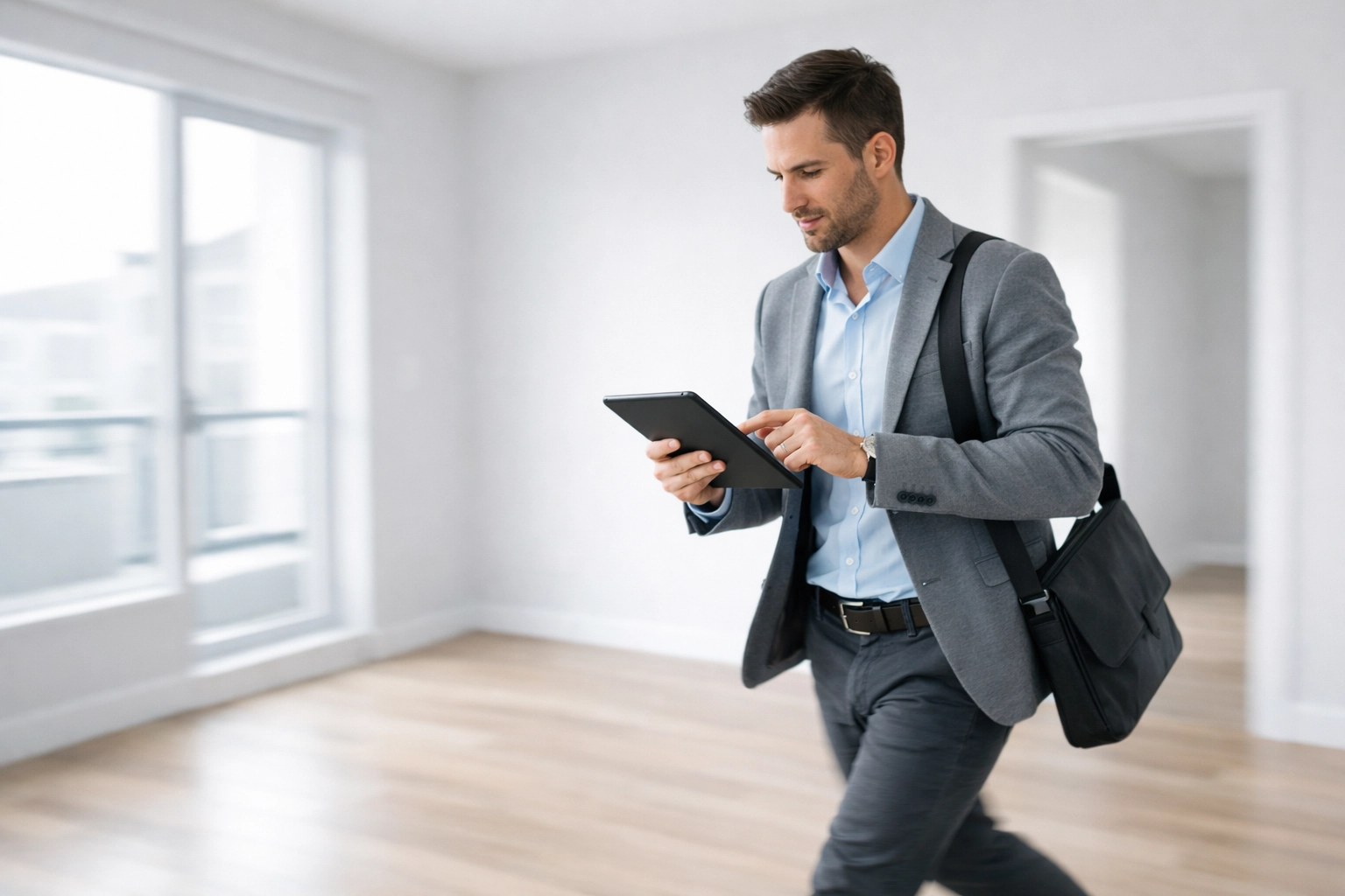 Property manager inspecting vacant apartment unit with tablet for fast turnover