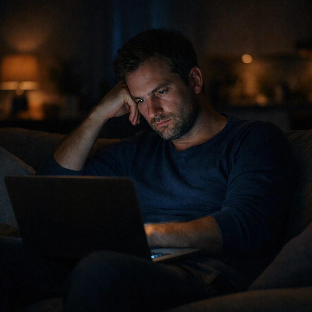Férfi az esti sötétben a laptop előtt, a pornófüggőség okozta magány és PIED jelei.