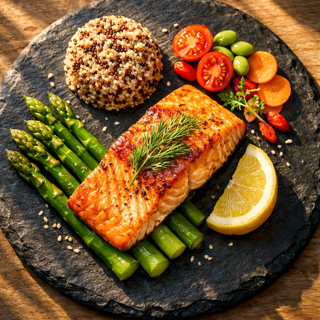 High-protein meal with grilled salmon and vegetables to promote satiety and support healthy fat loss.