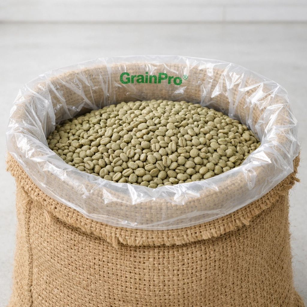 Open jute coffee sack with a protective GrainPro liner and fresh green specialty coffee beans.