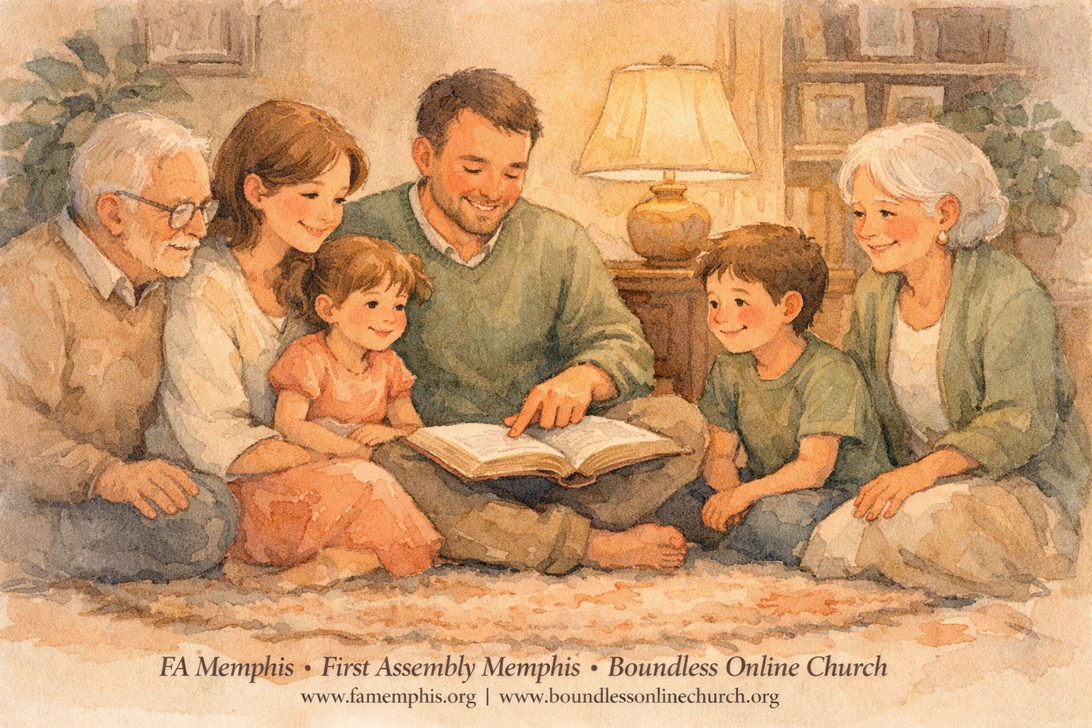 A family gathered for Bible study in a warm living room, practicing faith and peace at home.