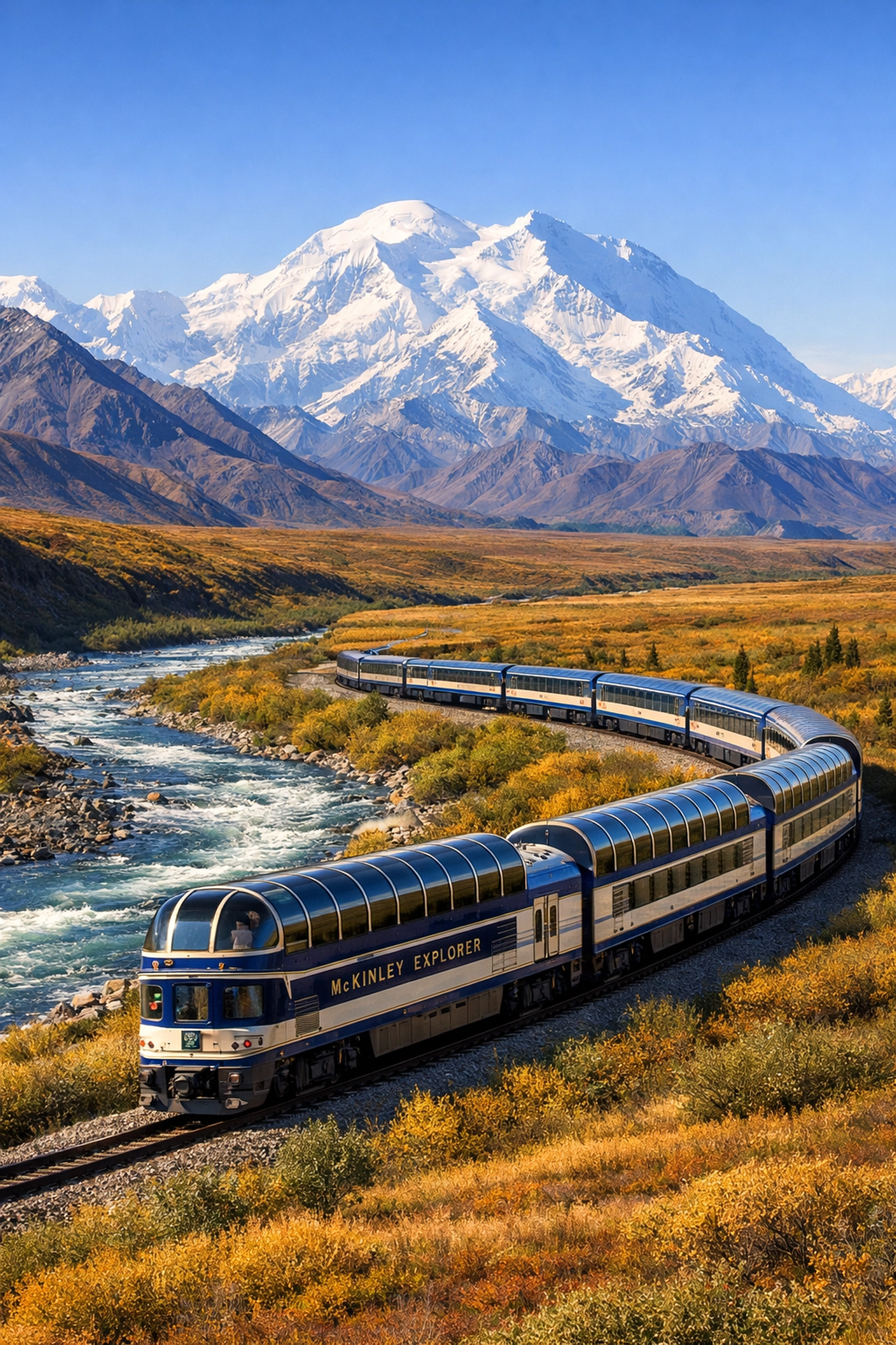 McKinley Explorer luxury domed-glass train traveling through the Alaskan wilderness toward Denali National Park.