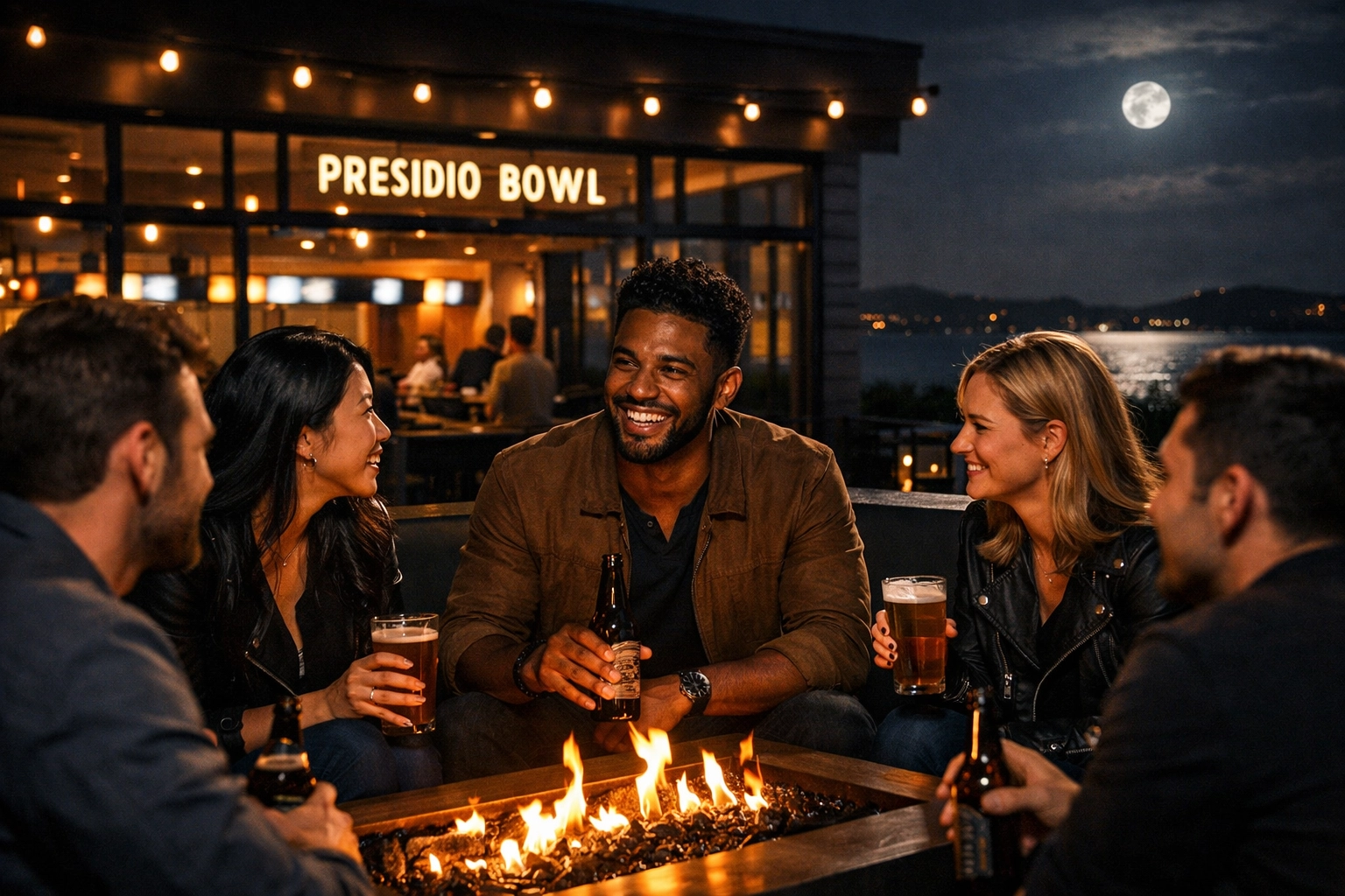 Young professionals gathering at a firepit at Presidio Bowl, overlooking the Bay Area.