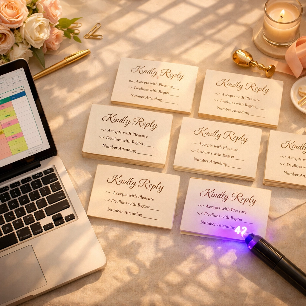 Wedding guest list spreadsheet and RSVP tracking system on laptop