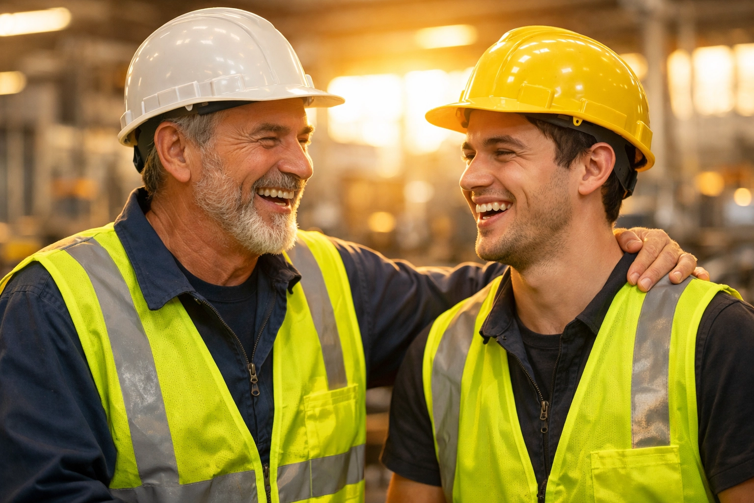 Two workers sharing a supportive moment on the manufacturing floor, embodying Guardian archetype mentorship