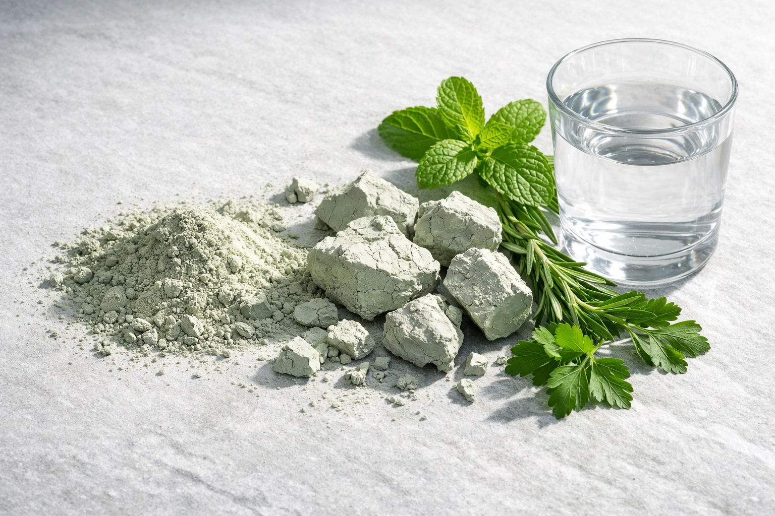 Raw French green clay minerals and herbs showing why clay is the secret to healthy nails.