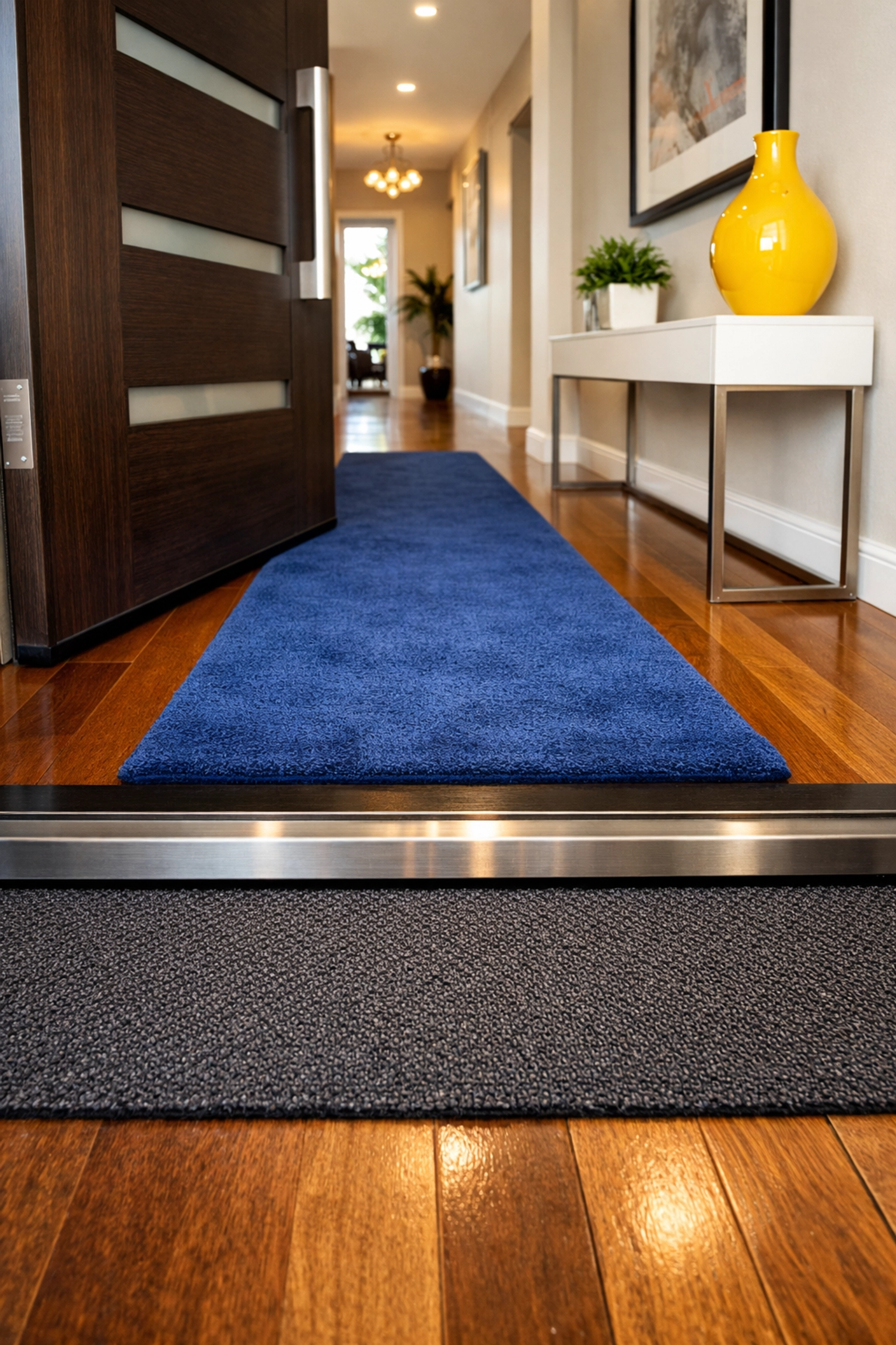 A pristine Lowell home entryway with a two-mat system to protect hardwood floors from mud and dirt.