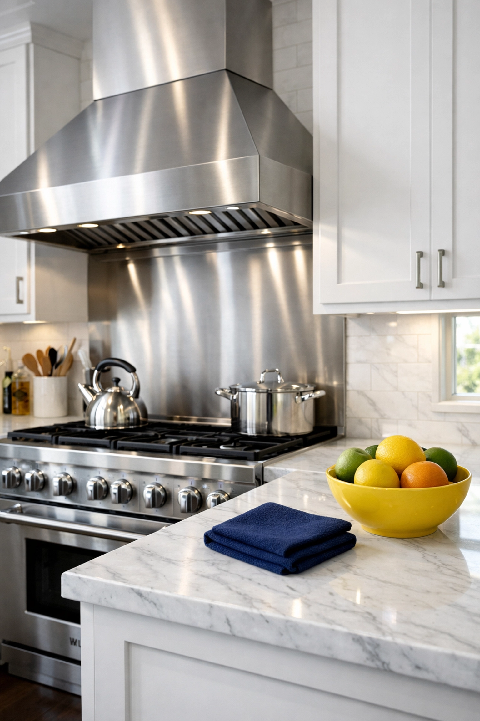 Professional deep cleaning Medway results on a stainless steel range hood and marble kitchen counters.