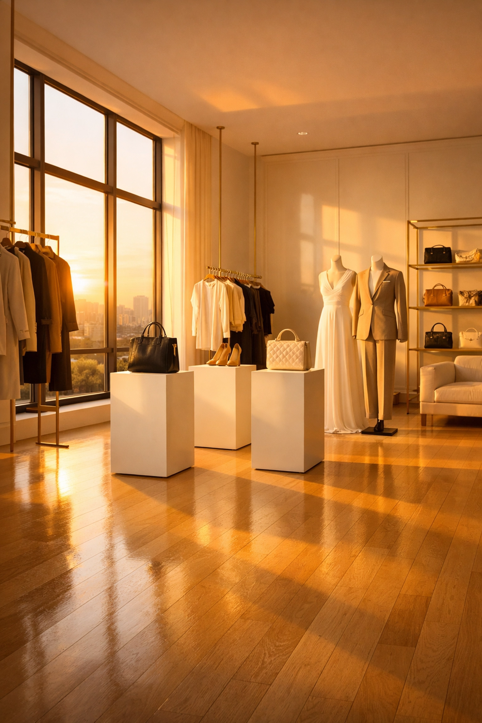 Sunlit high-end fashion showroom with perfectly polished white oak floors and organized displays.