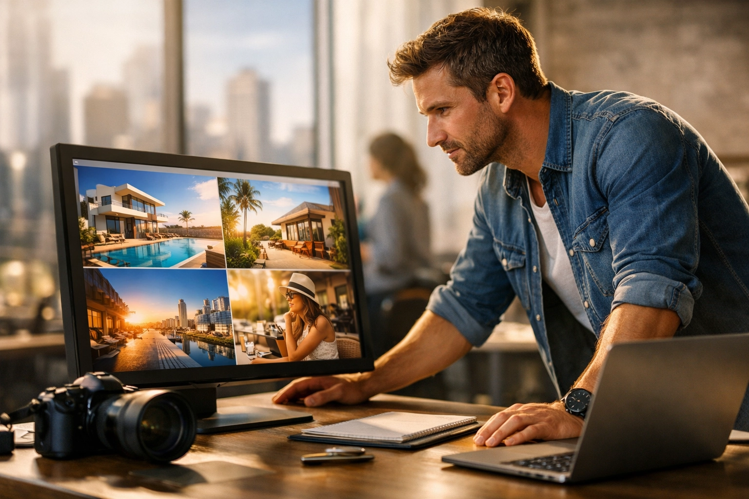 Professional freelance photographer reviewing client work in a bright, modern creative studio.