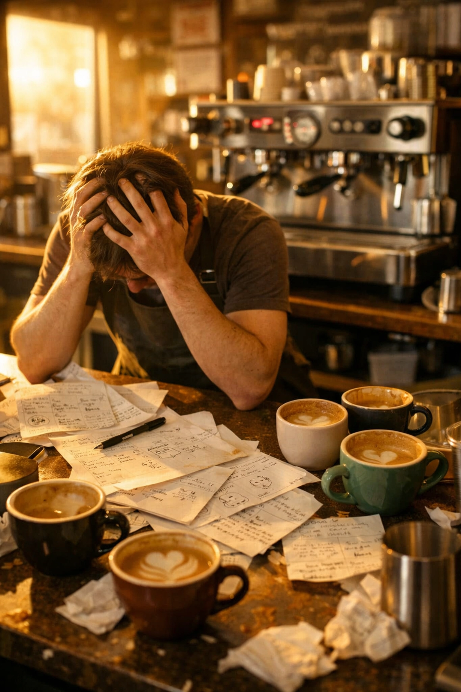 Stressed barista struggling with inadequate training and failed coffee attempts at espresso machine