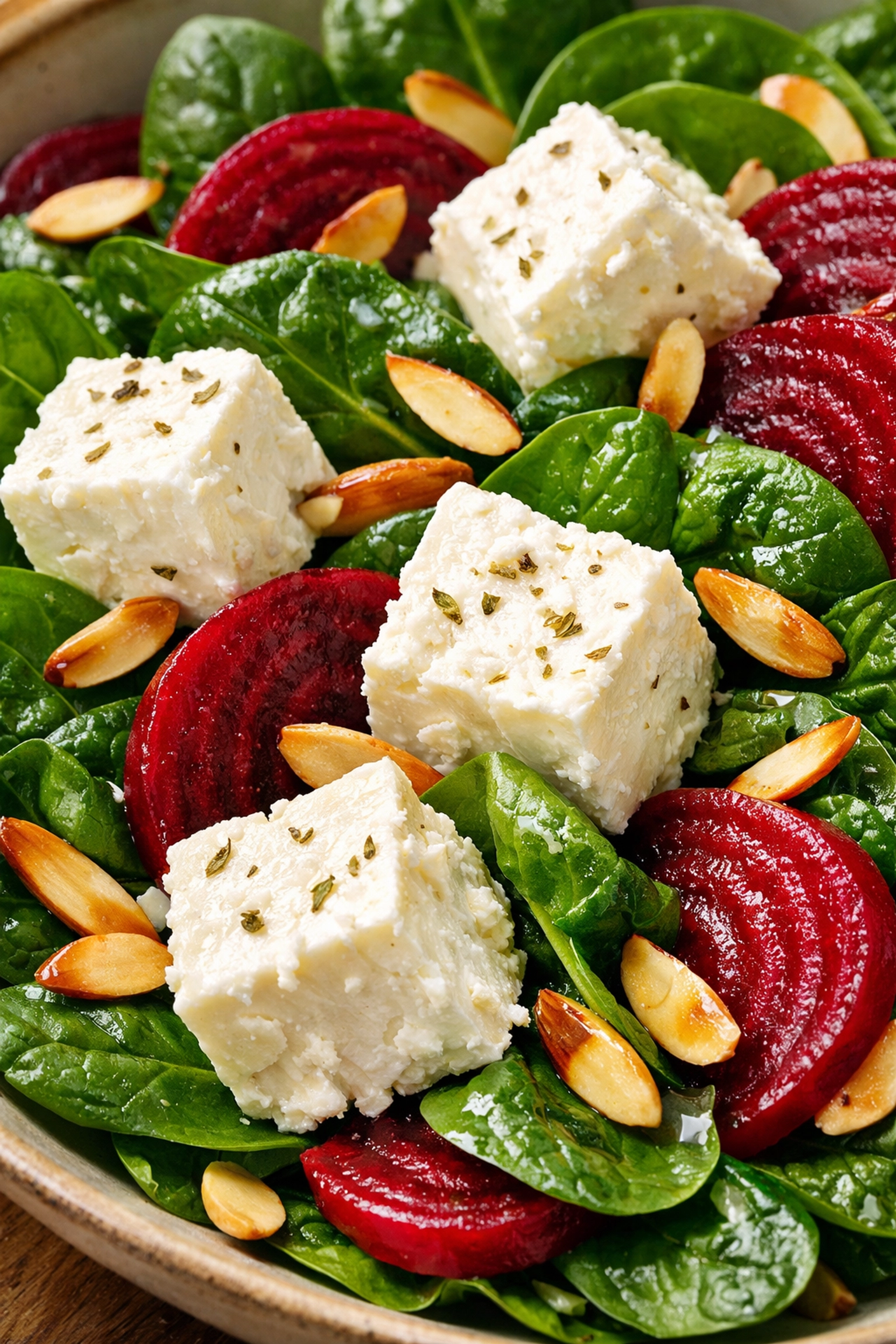 Fresh spinach salad with feta and almonds to help balance dietary oxalates and calcium.
