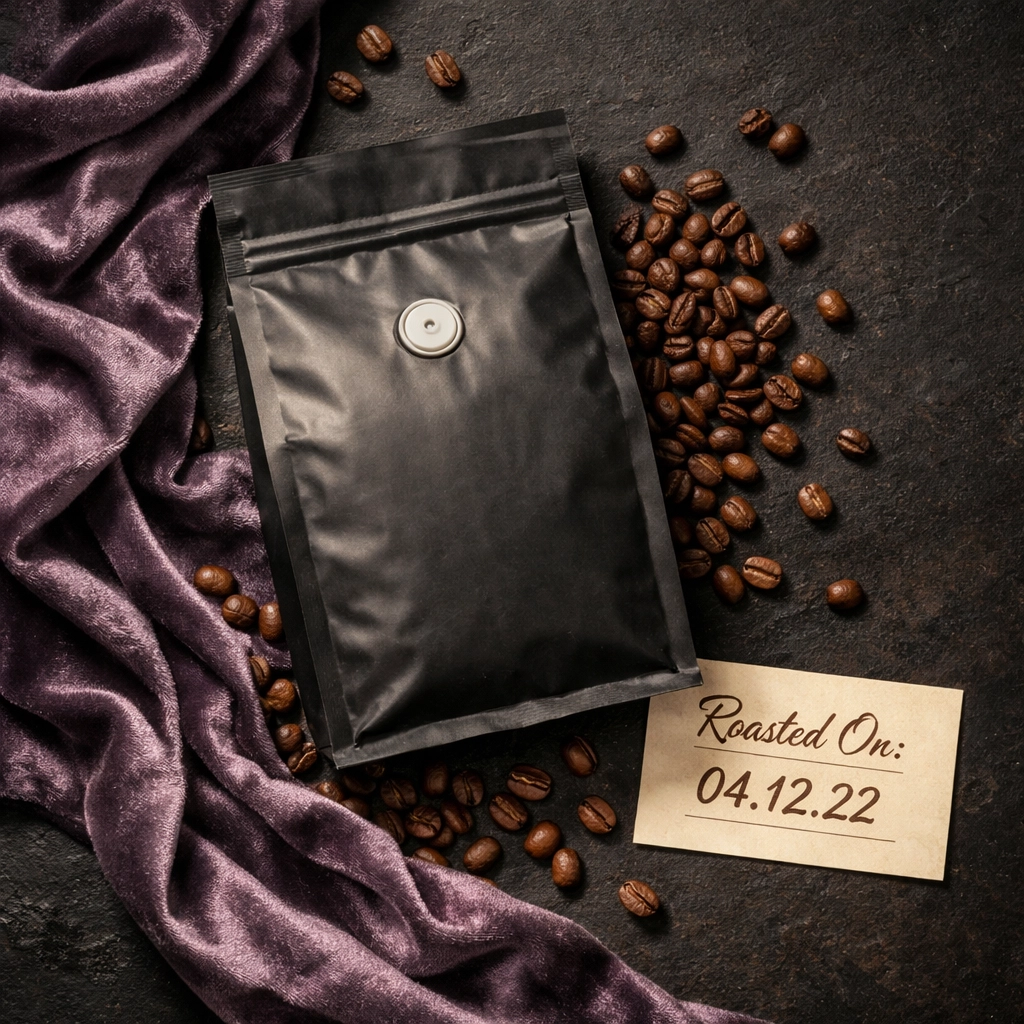From Farm to Front Door: Why 'Roasted to Order' Actually Matters Sealed coffee bag with one-way valve, roast date card, and premium coffee beans