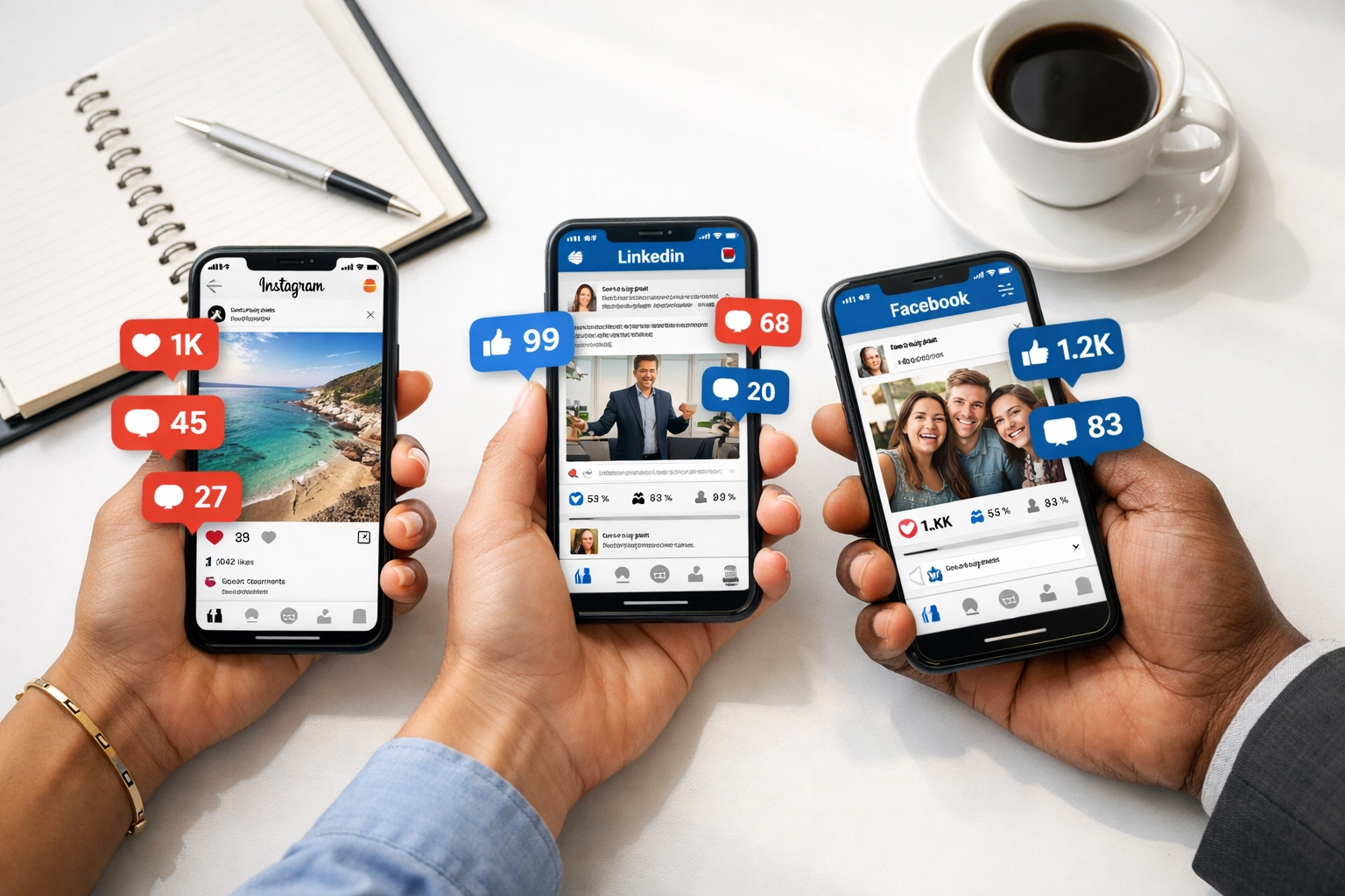 Social media engagement on multiple platforms showing likes and comments on business content