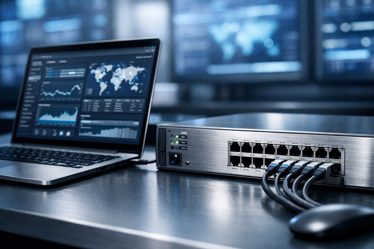 Network monitoring workstation with a laptop and switch, used for tracking hardware capacity spikes.