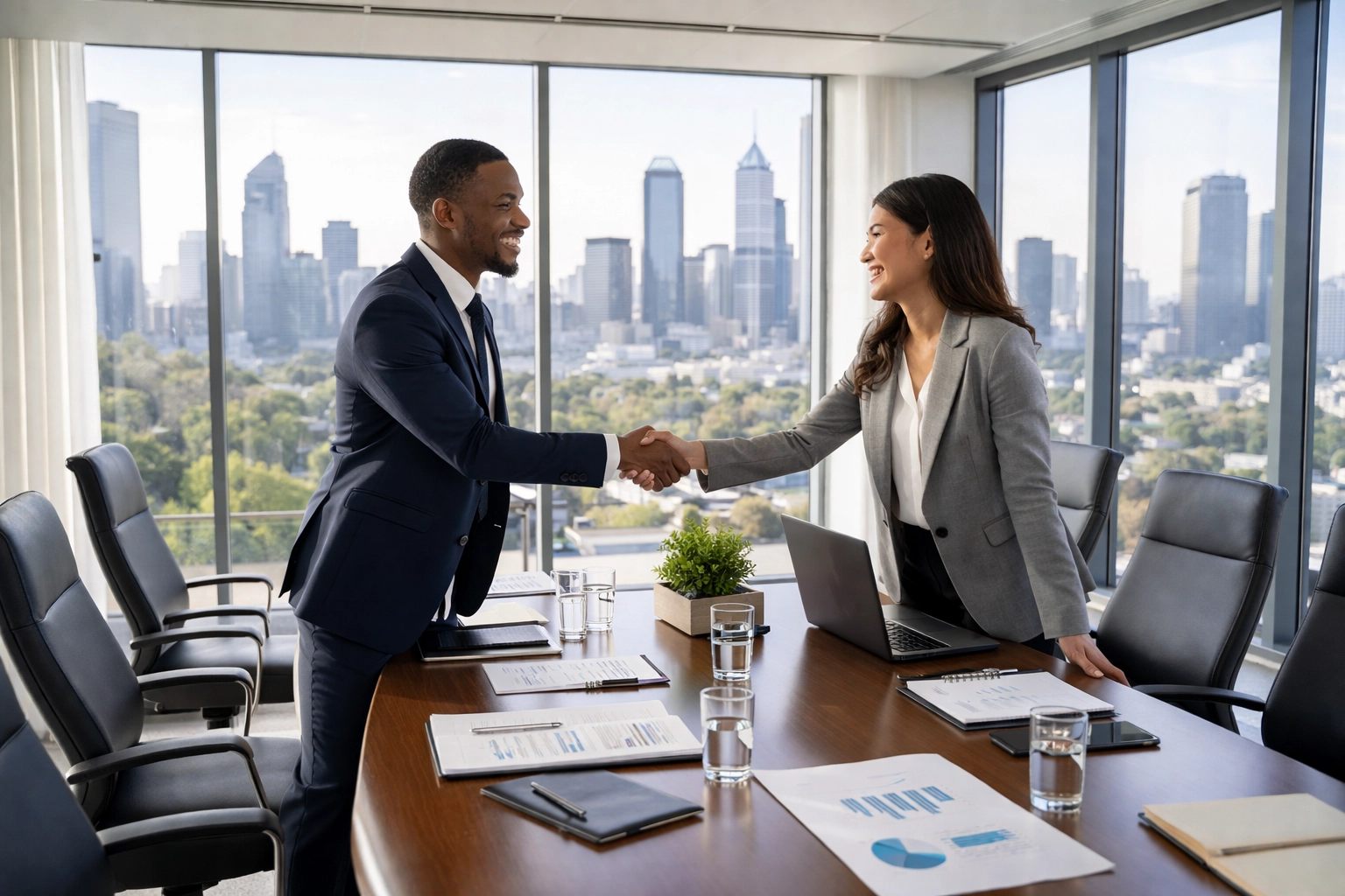 Business professionals shaking hands in a modern boardroom, representing strategic brand partnership alignment