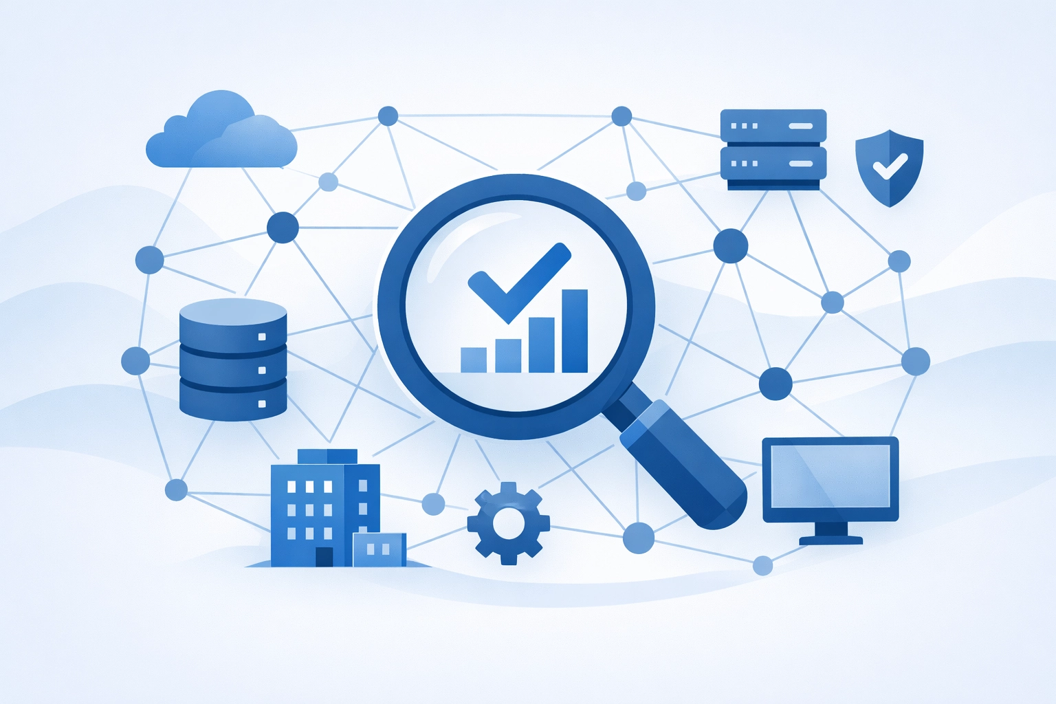 Magnifying glass over a digital network representing proactive IT monitoring and managed security services.