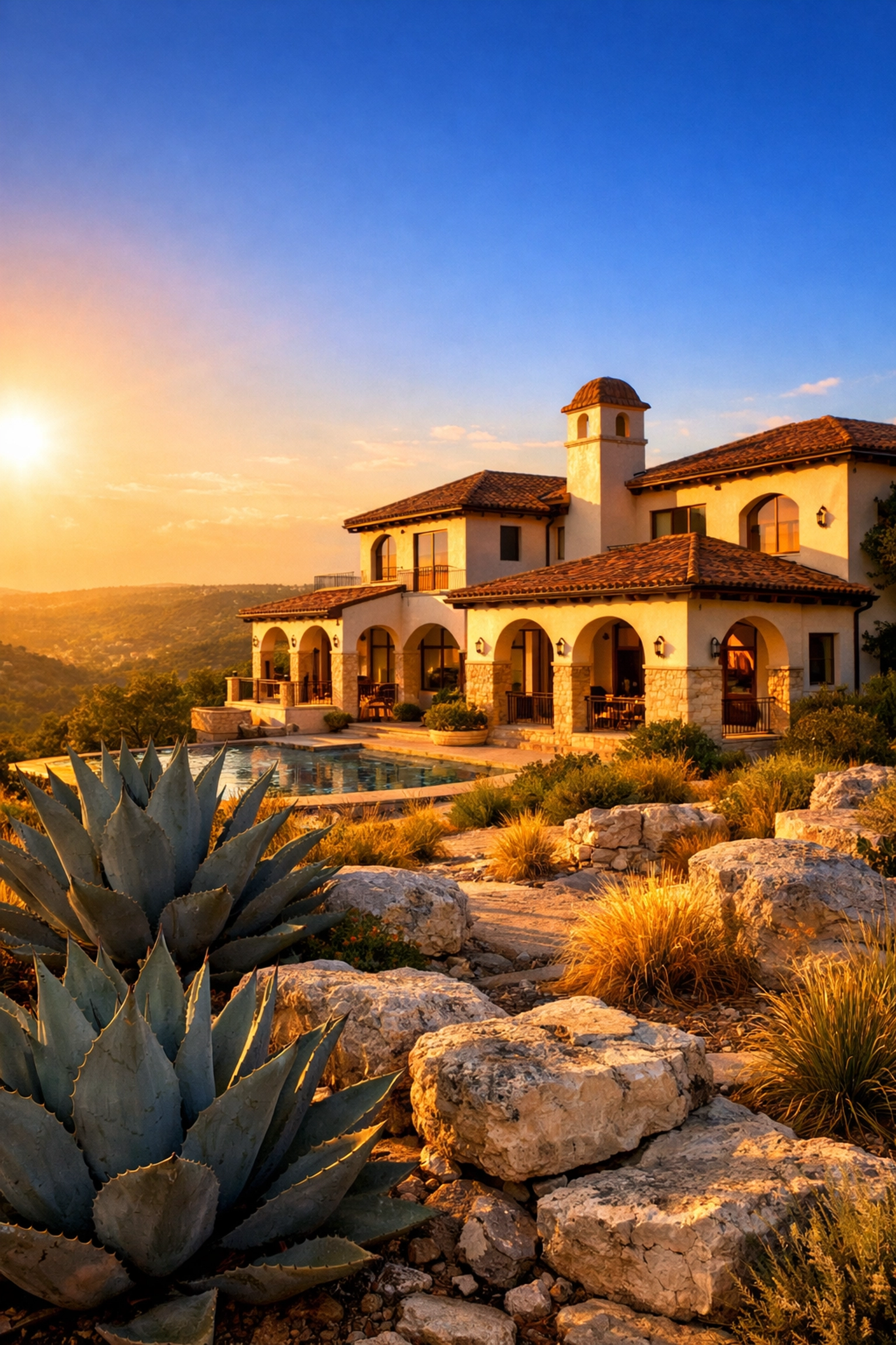Luxury Mediterranean villa in Austin with heat-resistant stucco repainting for the Texas climate.