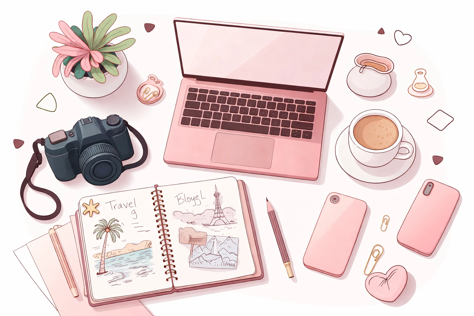 Travel blogger workspace with laptop and camera for creating affiliate marketing content