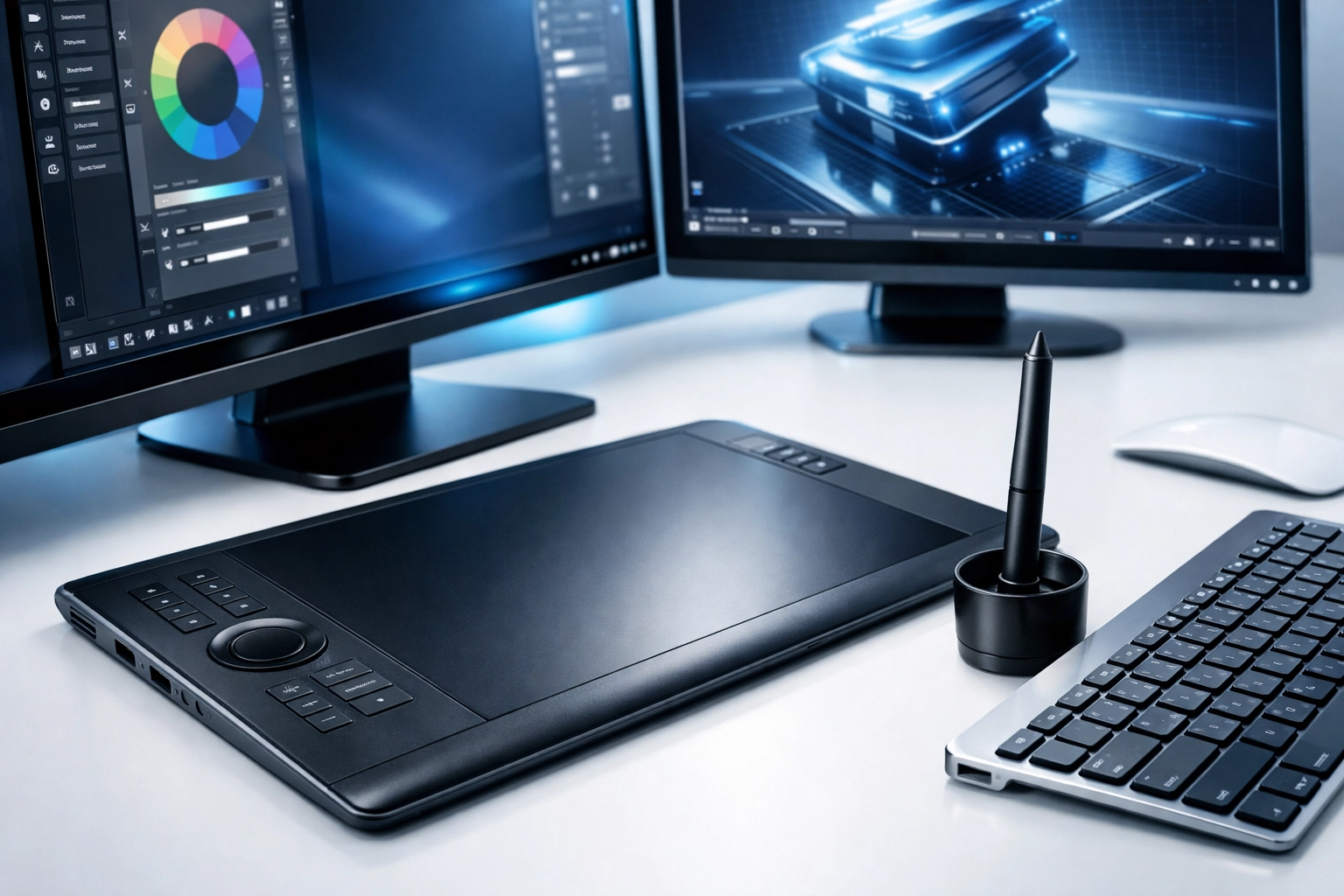 Clean designer workstation in Cambridge featuring smudge-free monitors and organized tech equipment.