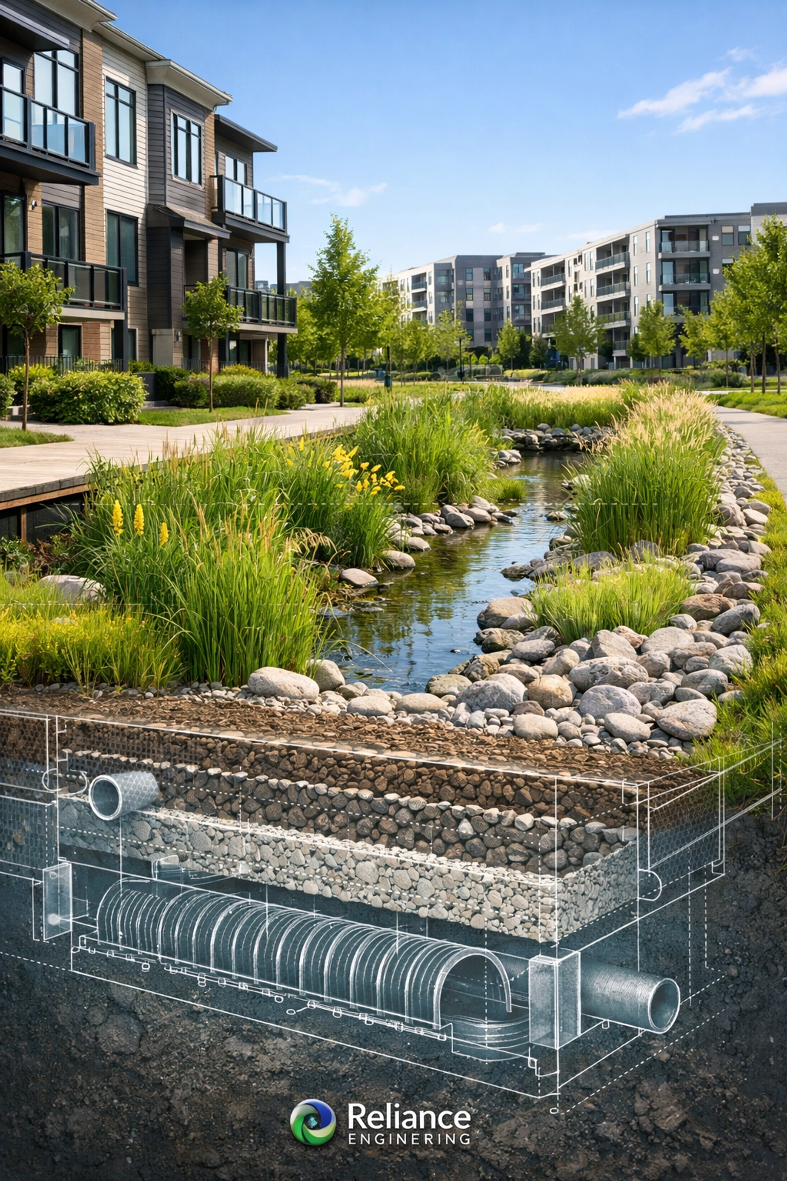 Sustainable Stormwater Management design in Ontario featuring a bio-retention swale and green infrastructure.