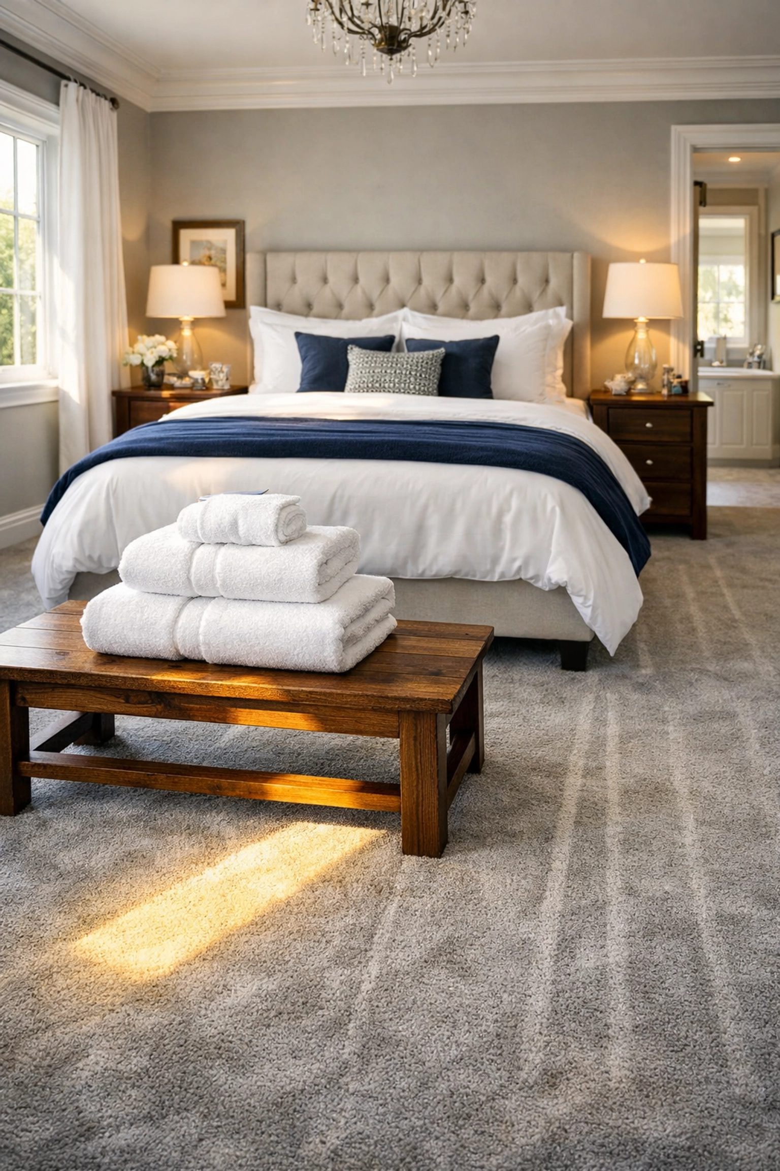 A perfectly staged bedroom in Sharon after a professional residential cleaning service with fresh vacuum lines.