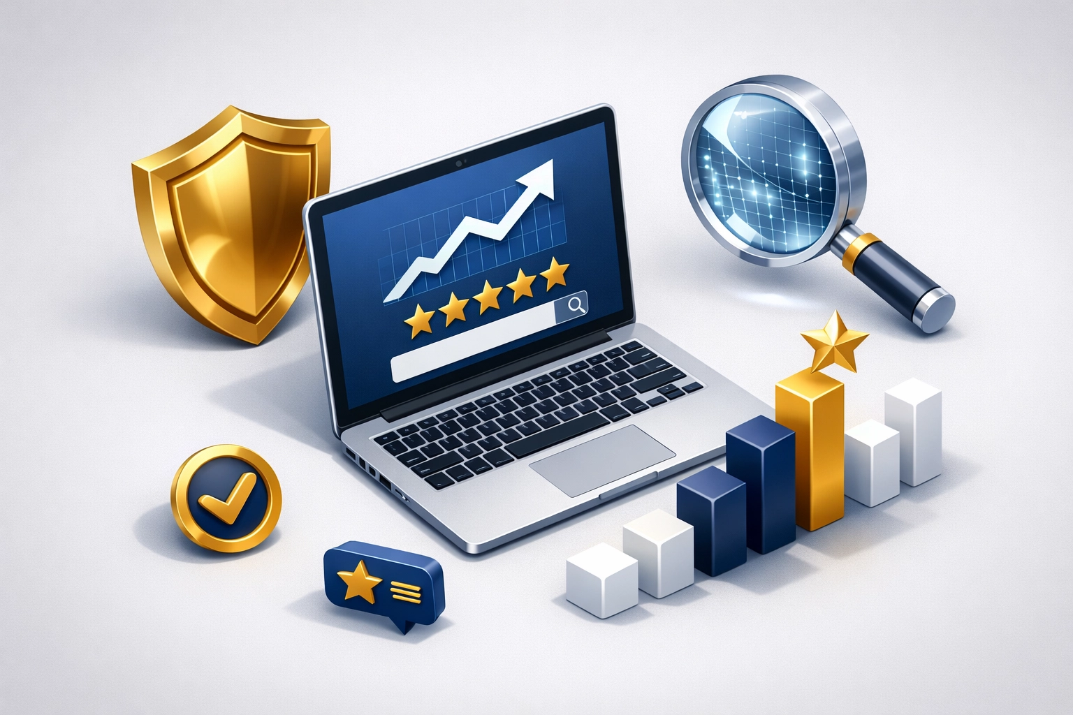 Digital ecosystem illustration representing AI content quality and SEO authority surrounding a laptop.