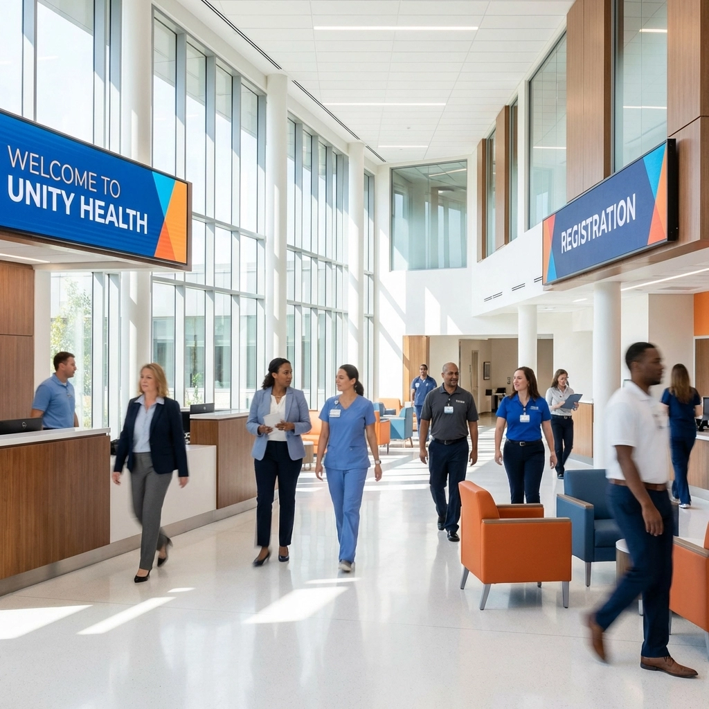 Diverse healthcare staff move efficiently in a modern hospital reception, showcasing AI-driven workforce management.