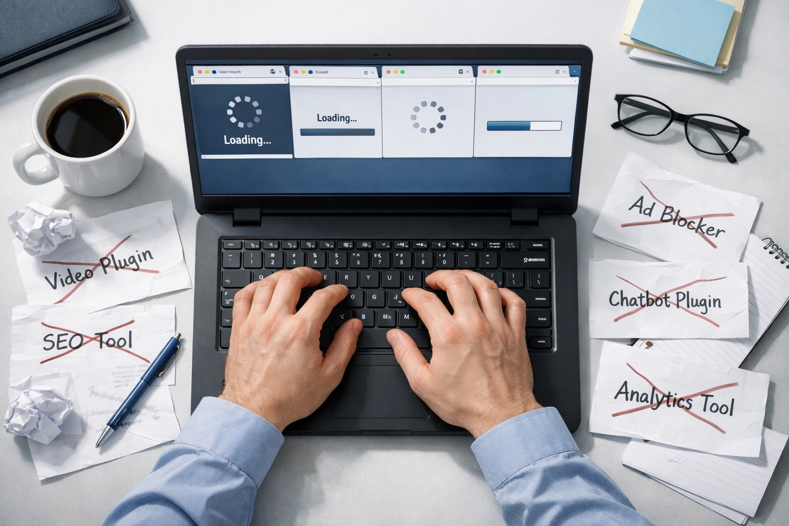 Overwhelmed workspace with multiple WordPress plugin tabs open showing slow loading and site speed issues