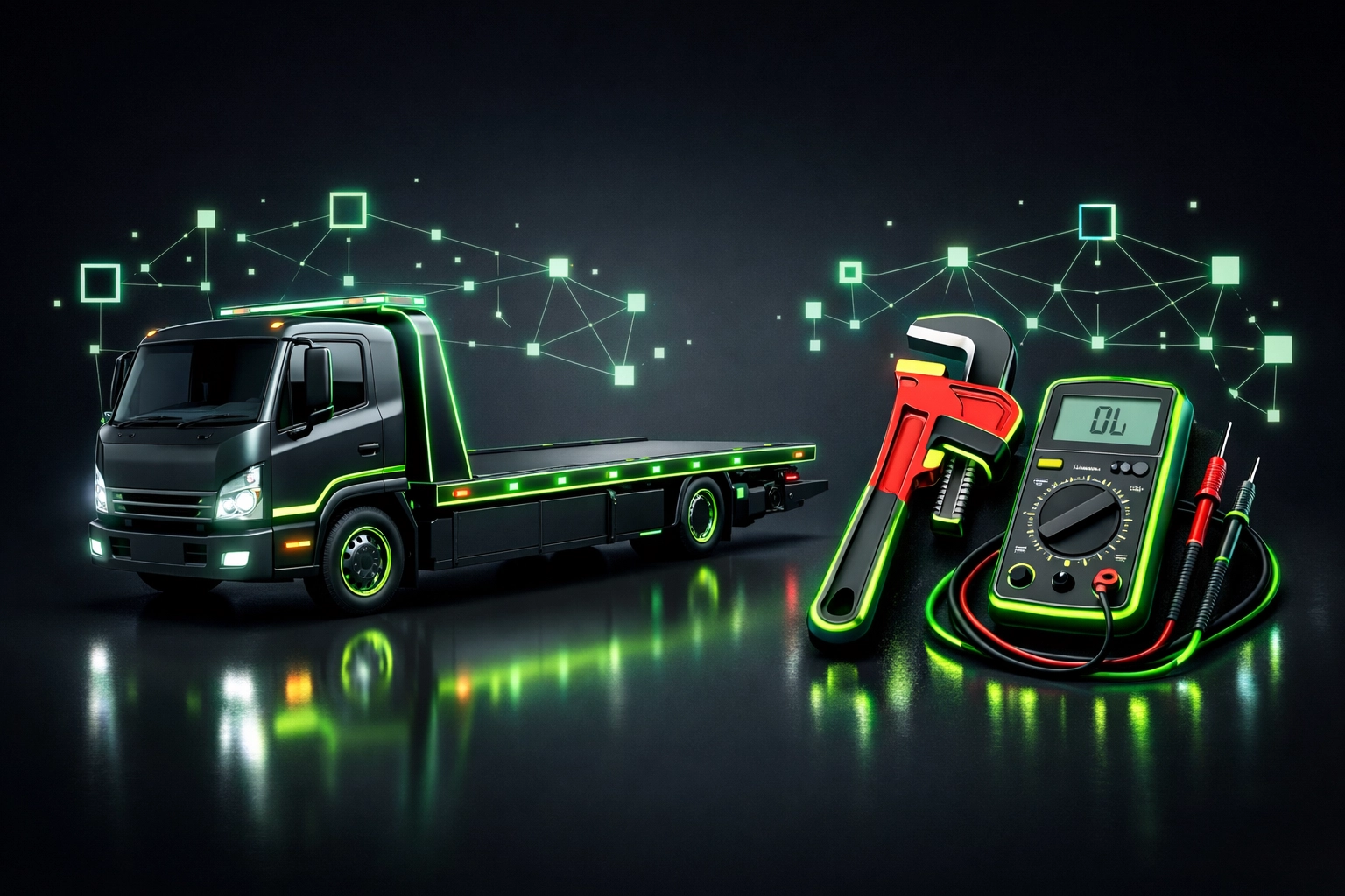 Tow truck and tools with digital connections for the Amerishop SEO Directory listings.