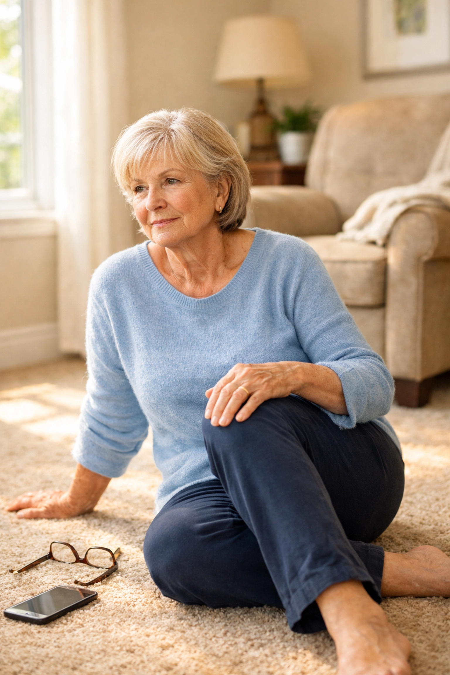 Senior woman sitting on floor assessing herself after a fall before attempting to get up