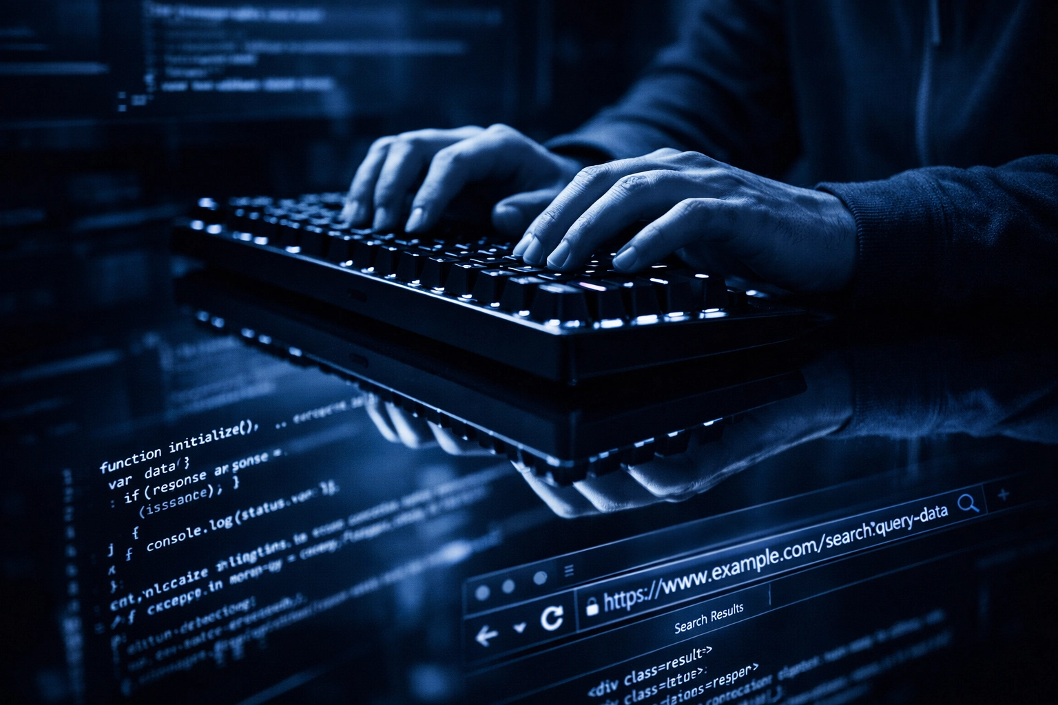 Hands typing on a keyboard reflecting website URLs representing look-alike domain phishing attacks.