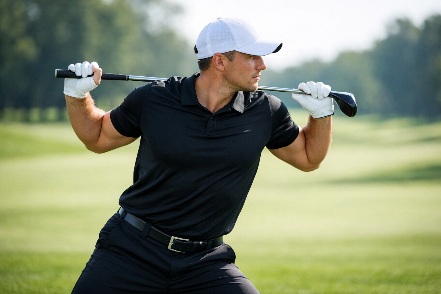 Golfer performing a thoracic rotation stretch on the green, a key mobility exercise in a golf rehab program.