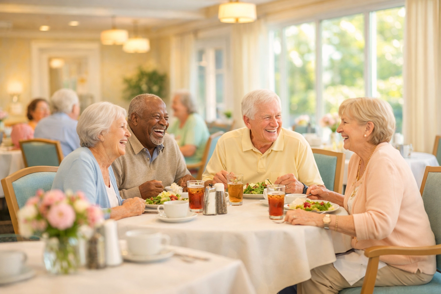 Seniors enjoying restaurant-style dining at Lakewood Ranch assisted living community