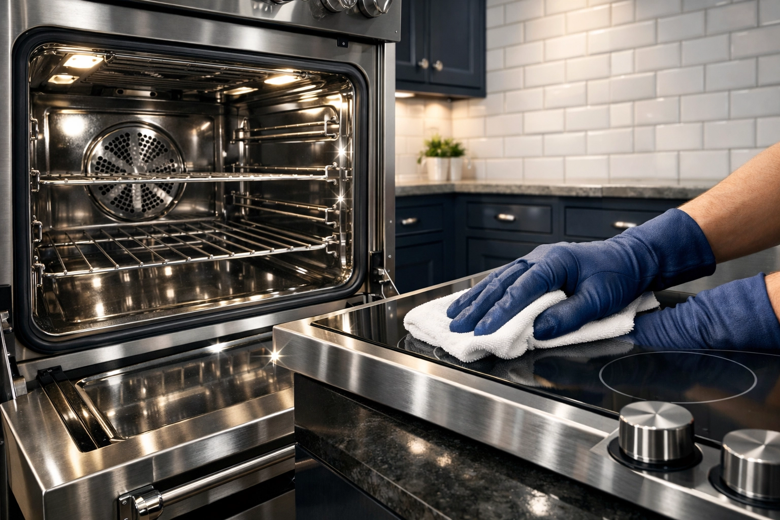 Professional deep cleaning of a high-end stainless steel oven and glass stovetop in Cambridge.