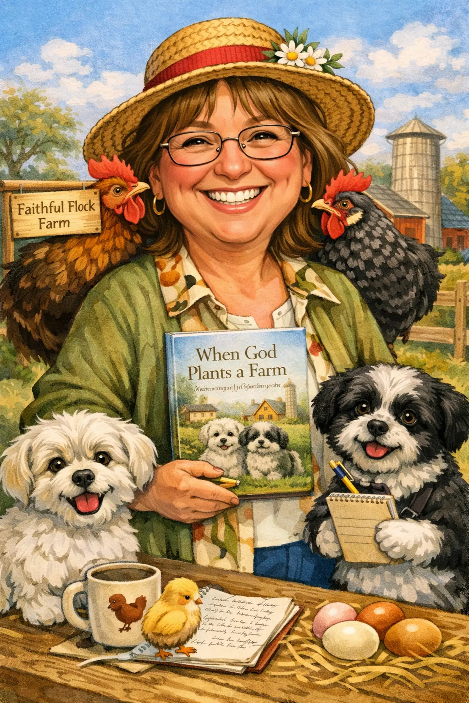 Smiling woman in a straw hat holding a faith-themed book with chickens and dogs