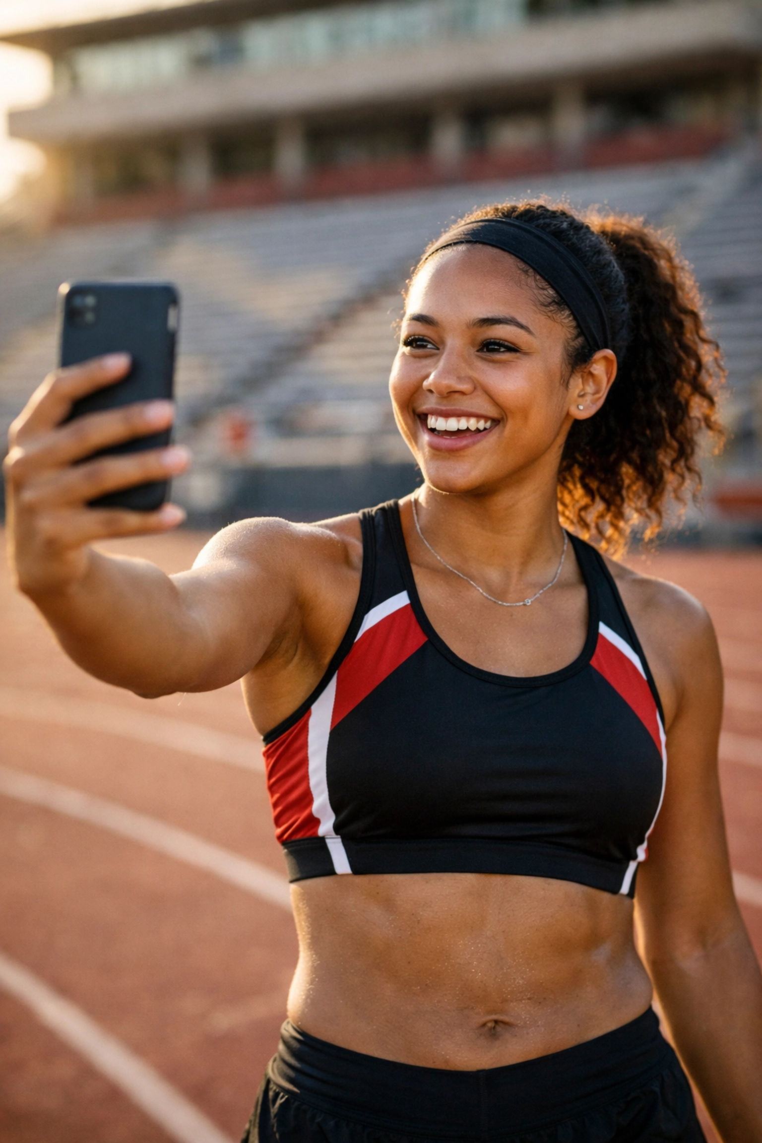 Student-athlete recording authentic NIL content on a stadium track for Super Bowl marketing.