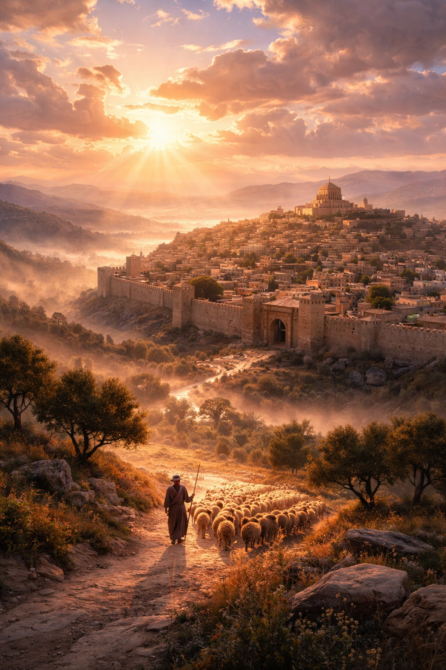 Aerial sunrise view of ancient Jerusalem during King David’s era, highlighting biblical history