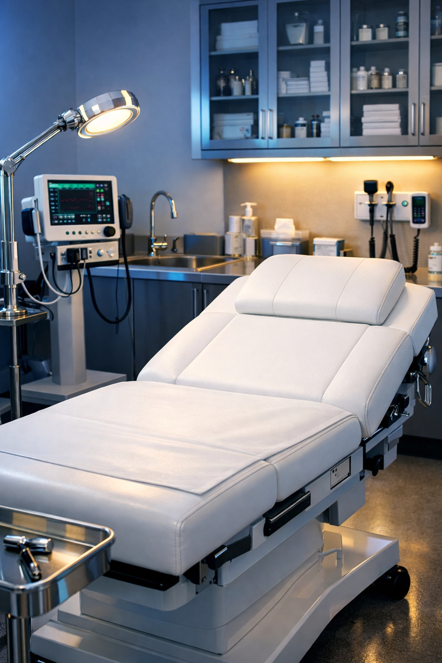 Sterile medical exam room with a sanitized table and high-tech equipment for infection control in Harvard.