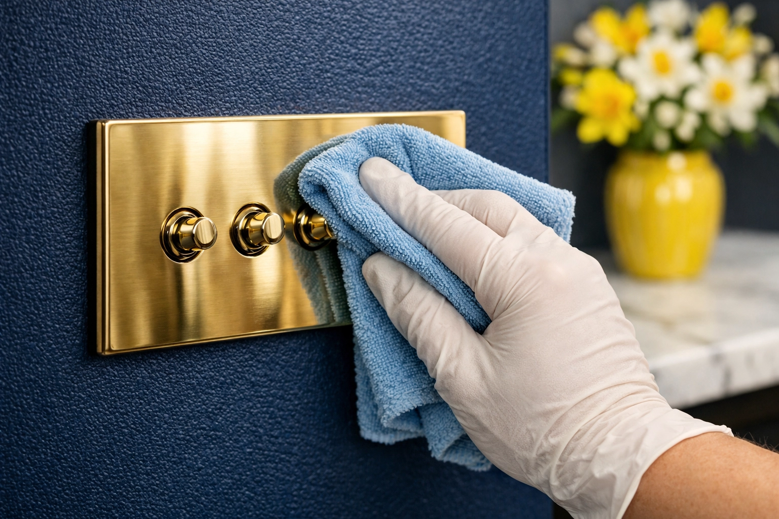 Professional cleaner polishing a high-touch brass light switch during weekly house cleaning in Franklin.