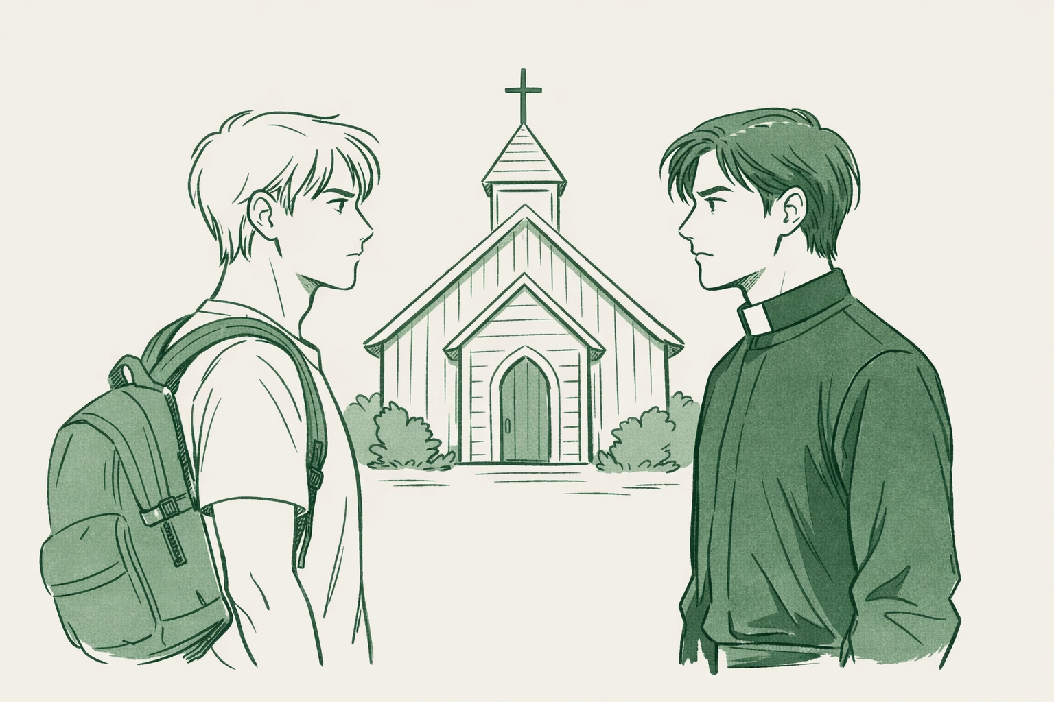 Minimalist illustration of a traveler and a pastor outside a church, a high-angst MM romance reunion.